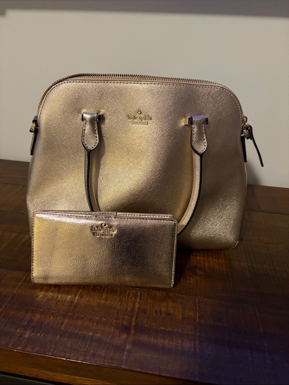 kate spade Metallic Rose Gold Dome Satchel with Matching Wallet